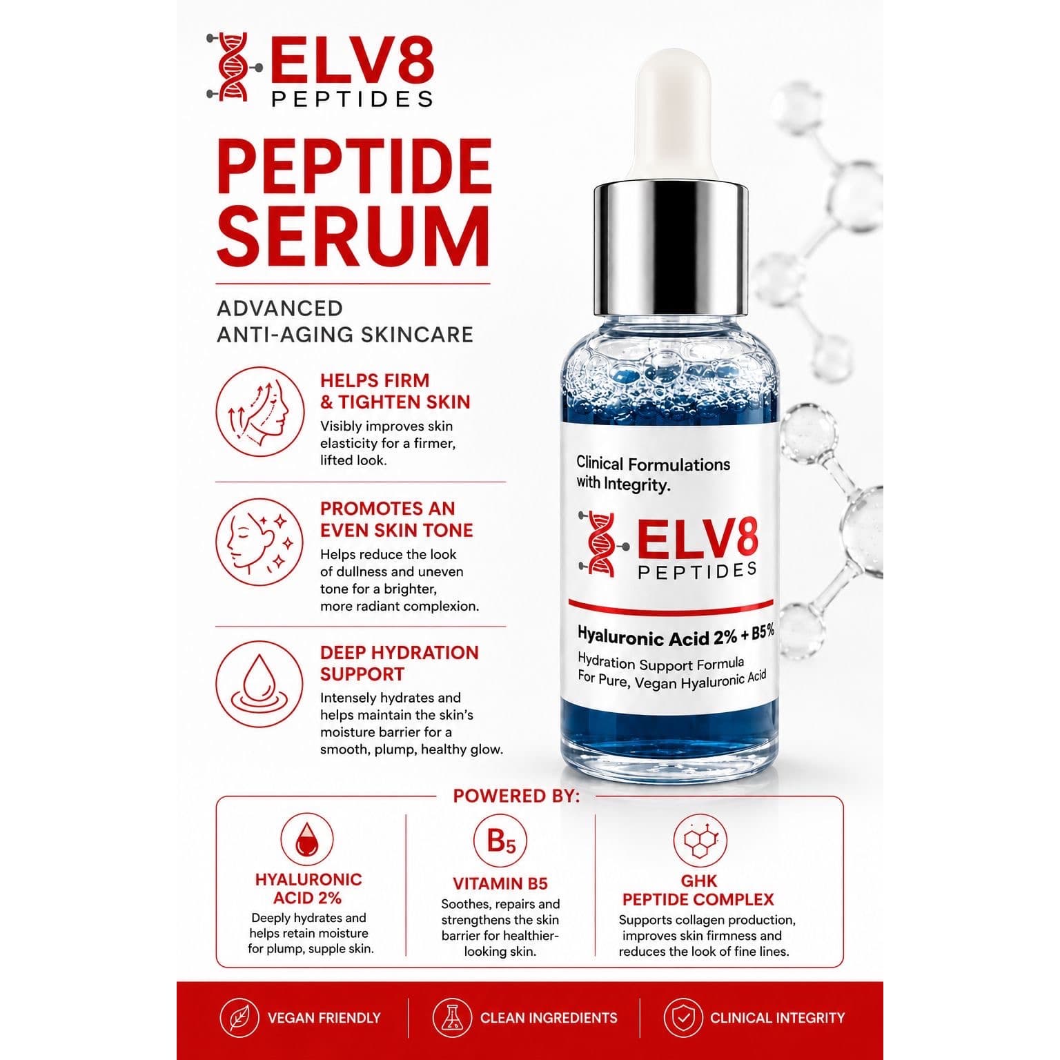 Elv8 Peptide Serum (Hyaluronic Acid 2% + B5)